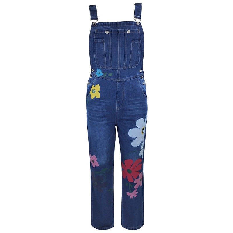 Women's Classic Denim Overalls - High-Waisted Loose Fit Straight Leg Jumpsuit With Unique Print Design