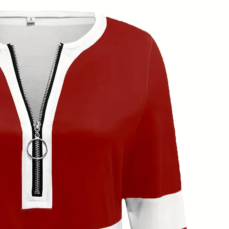 Women's Zip-Up Round Neck Long Sleeve Sweatshirt With Color Block Stripes - Casual Pullover Top For Spring&Fall