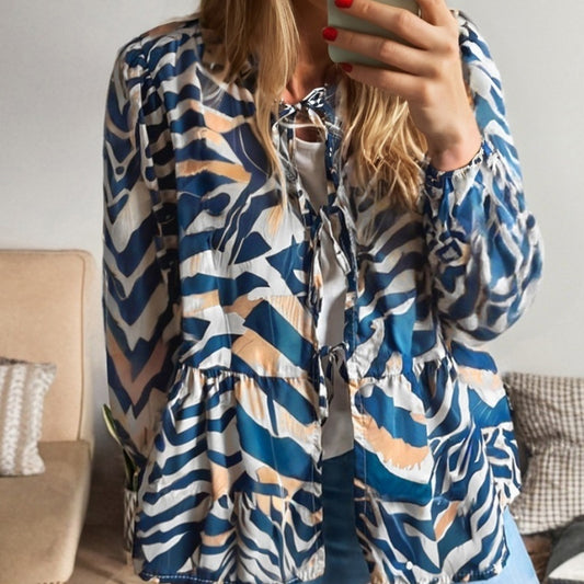 Blue Zebra Stripes Puff Sleeve Top