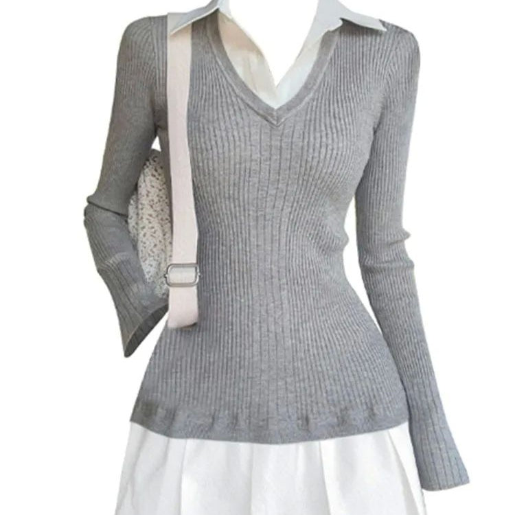 Autumn And Winter Preppy Style Fake Two-piece Mini Knitted Shirt