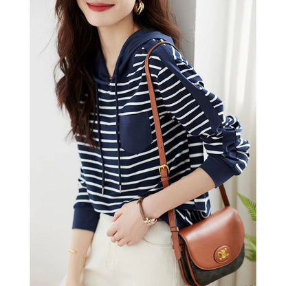 Simple Commute Hit Pocket Contrast Color Hooded Long Sleeve T-shirt